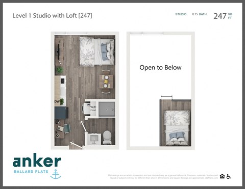 Floor plan for studio, 1 bath, 247 sqft